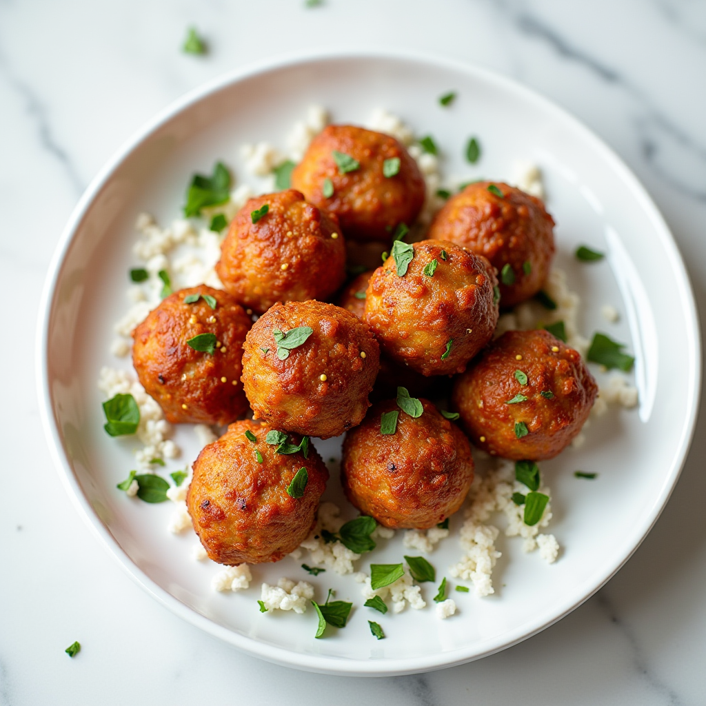 Air fryer frozen meatballs with crispy edges in a basket