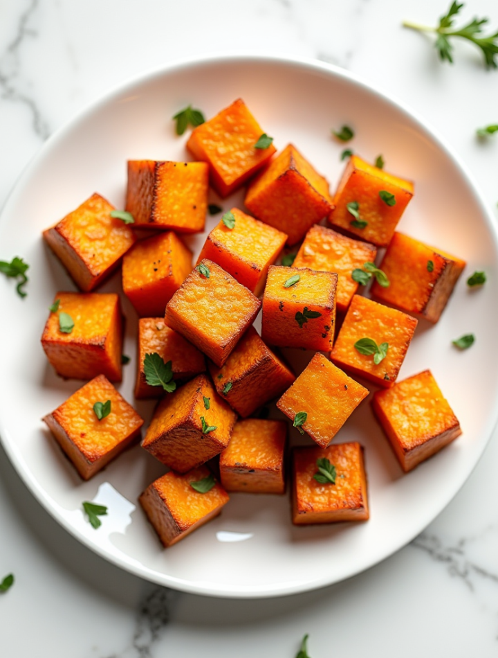 Air Fryer Sweet Potato Cubes food photography